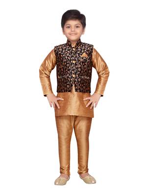 Gold woven raw silk boys kurta pyjama with black nehru jacket 1