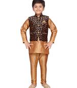 Gold woven raw silk boys kurta pyjama with black nehru jacket