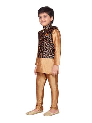 Gold woven raw silk boys kurta pyjama with black nehru jacket 2