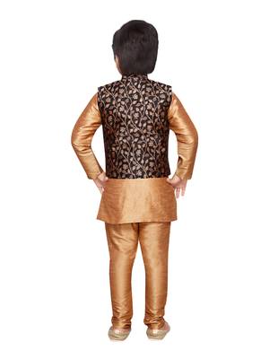 Gold woven raw silk boys kurta pyjama with black nehru jacket 3