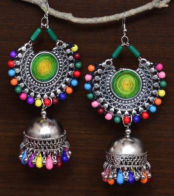 Silver Oxidised Feather Worked Afghani Chandbali with Multicolored Jhumka 1