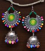 Silver Oxidised Feather Worked Afghani Chandbali with Multicolored Jhumka