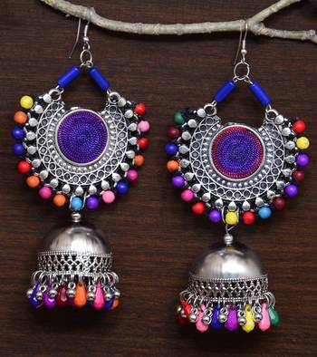 Silver Oxidised Feather Worked Afghani Chandbali with Jhumka 1