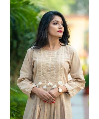 Beige coloured kurta with pearl work 2