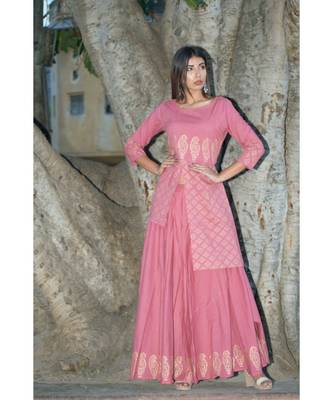 peach printed cotton kurti 1