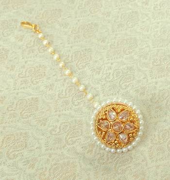 Lalso Designer LCT Golden AD Zircon Pearl Gold plated Borla Maangtikka Jewelry for Wedding , Festival - LADBOR01 1