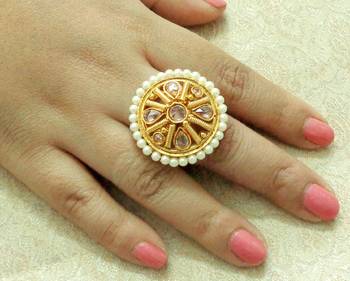 Lalso Designer LCT Golden AD Zircon Pearl Gold plated Adjustable Finger Ring Jewelry for Wedding , Festival - LADFR02 1