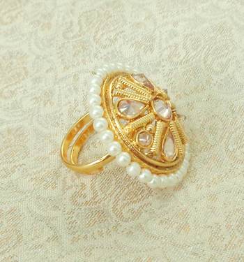 Lalso Designer LCT Golden AD Zircon Pearl Gold plated Adjustable Finger Ring Jewelry for Wedding , Festival - LADFR02 3