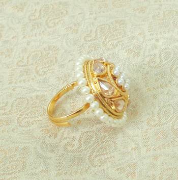 Lalso Designer LCT Golden AD Zircon Pearl Gold plated Adjustable Finger Ring Jewelry for Wedding , Festival - LADFR03 3