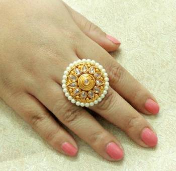 Lalso Designer LCT Golden AD Zircon Pearl Gold plated Adjustable Finger Ring Jewelry for Wedding , Festival - LADFR04 1