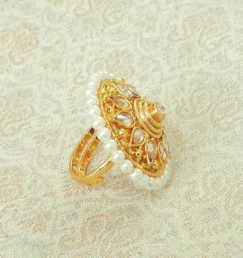 Lalso Designer LCT Golden AD Zircon Pearl Gold plated Adjustable Finger Ring Jewelry for Wedding , Festival - LADFR04 3