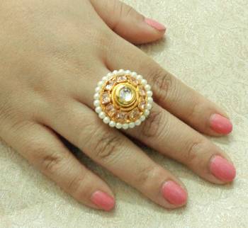 Lalso Designer LCT Golden AD Zircon Pearl Gold plated Adjustable Finger Ring Jewelry for Wedding , Festival - LADFR05 1