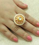 Lalso Designer LCT Golden AD Zircon Pearl Gold plated Adjustable Finger Ring Jewelry for Wedding , Festival - LADFR05
