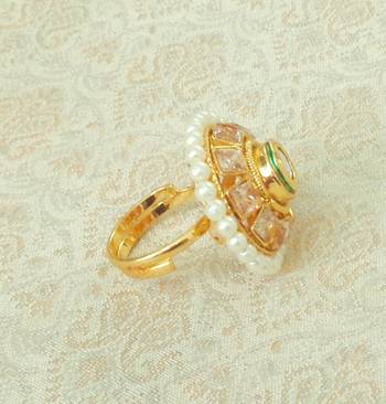Lalso Designer LCT Golden AD Zircon Pearl Gold plated Adjustable Finger Ring Jewelry for Wedding , Festival - LADFR05 3