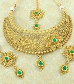 Lalso Beautiful Green Kundan Delicate Choker Neckalce Earring Maangtikka Jewelry Necklace Set - LDCN08_GR
