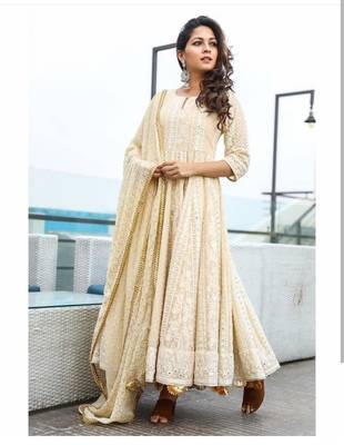 Cream Georgette Semi-stitched Anarkali salwar kameez 1