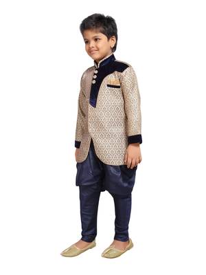 Fawn woven art silk boys sherwani 2