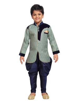 Green woven art silk boys sherwani 1