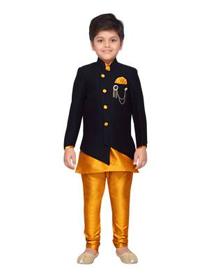Yellow plain silk blend boys sherwani 1
