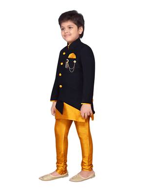 Yellow plain silk blend boys sherwani 2