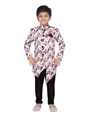 White printed silk blend boys sherwani 1