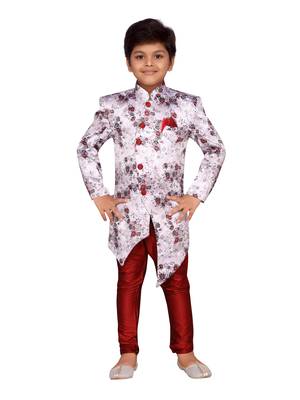 White printed silk blend boys sherwani 1