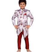 White printed silk blend boys sherwani