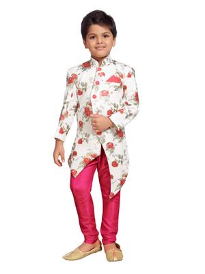 White printed silk blend boys sherwani 1