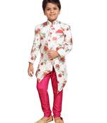 White printed silk blend boys sherwani