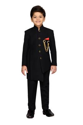 Black plain silk blend boys indo western dress 1