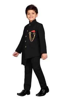 Black plain silk blend boys indo western dress 2