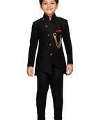 Black plain silk blend boys indo western dress