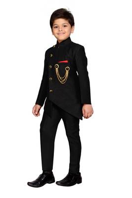 Black plain silk blend boys indo western dress 2