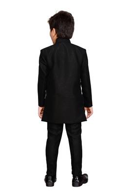 Black plain silk blend boys indo western dress 3