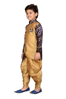 Blue woven silk blend boys indo western dress 1