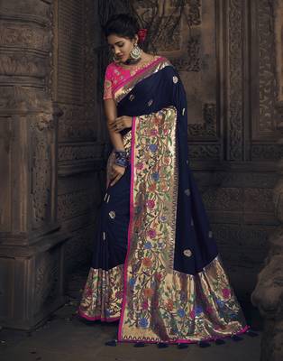 Navy blue embroidered silk blend saree with blouse 1