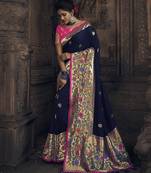 Navy blue embroidered silk blend saree with blouse