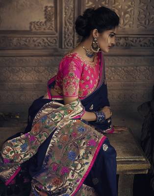 Navy blue embroidered silk blend saree with blouse 2