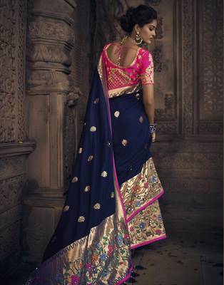Navy blue embroidered silk blend saree with blouse 3