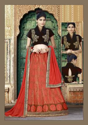 Orange Weaved Silk Semi Stitched Lehenga With Dupatta 1