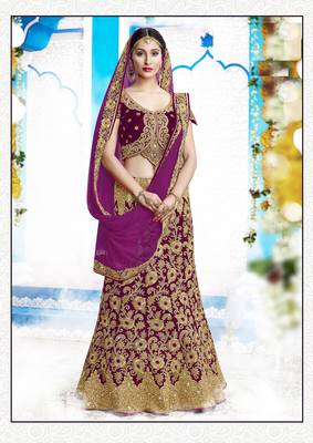 Wine Embroidered Velvet Semi Stitched Lehenga With Dupatta 1