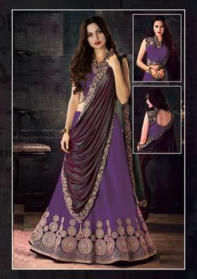 Purple Embroidered Silk Semi Stitched Lehenga With Dupatta 1