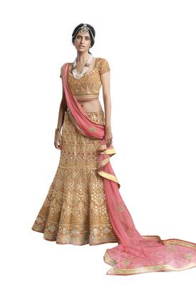Golden Mirror Net Semi Stitched Lehenga With Dupatta 1