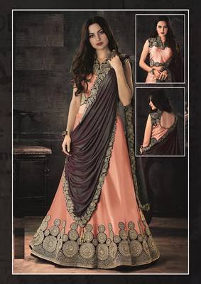 Peach Embroidered Silk Semi Stitched Lehenga With Dupatta 1