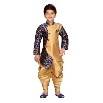 Blue woven silk blend boys indo western dress 2