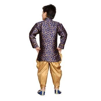 Blue woven silk blend boys indo western dress 3