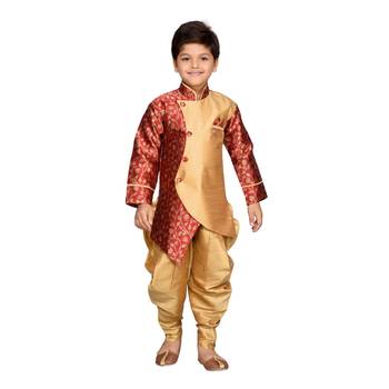 Maroon woven silk blend boys indo western dress 1