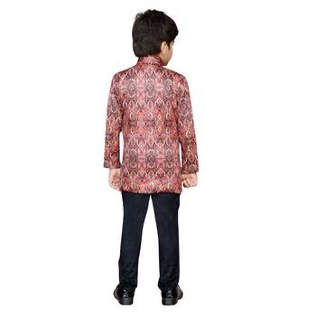 Red printed satin boys indo western dress 2