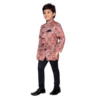 Red printed satin boys indo western dress 3