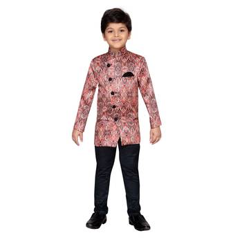 Red printed satin boys indo western dress 1